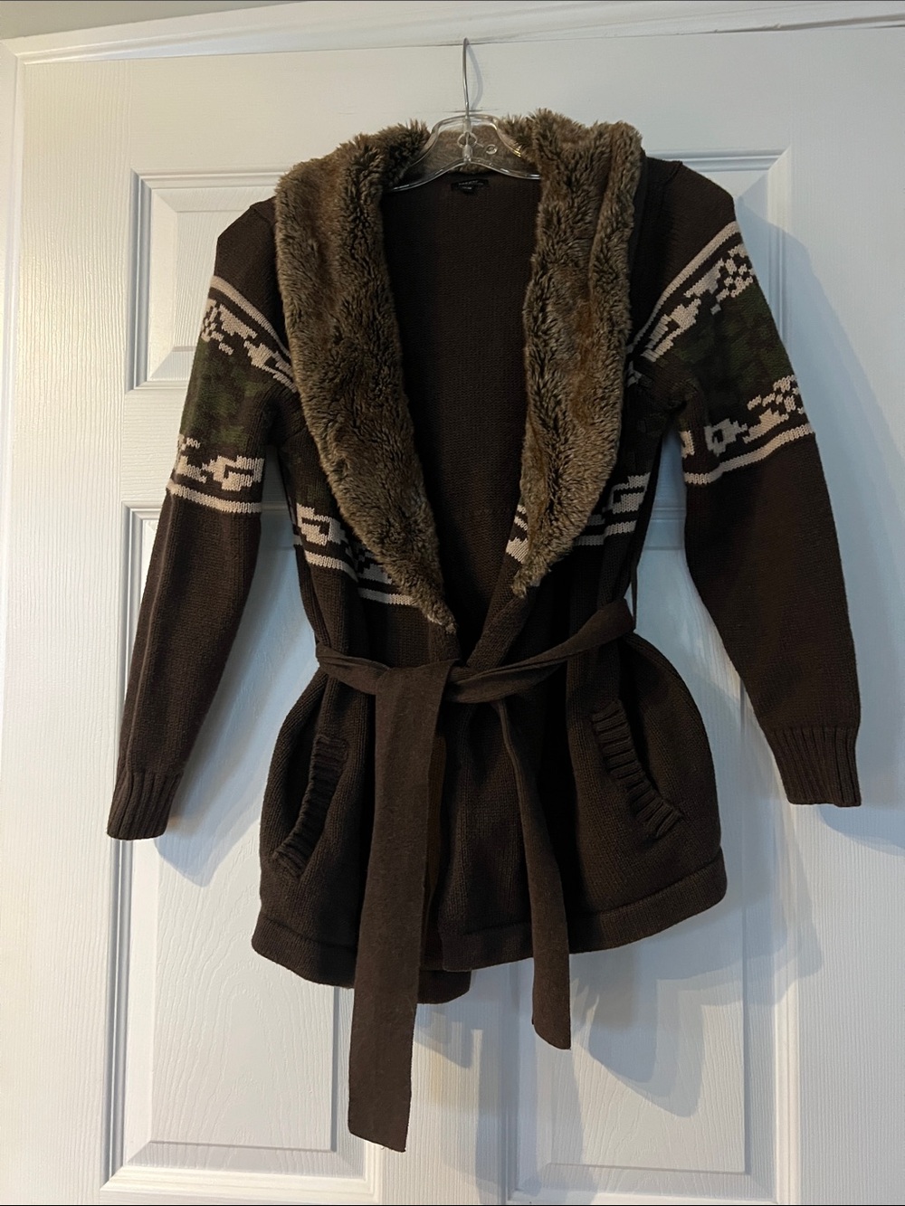 Haggar Brown Faux Fur Trim Knit Cardigan with Belt